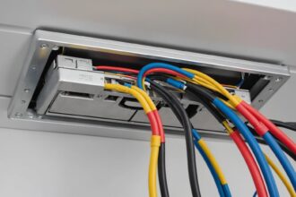 Passe câble organisé dans un bureau moderne avec câbles bien rangés