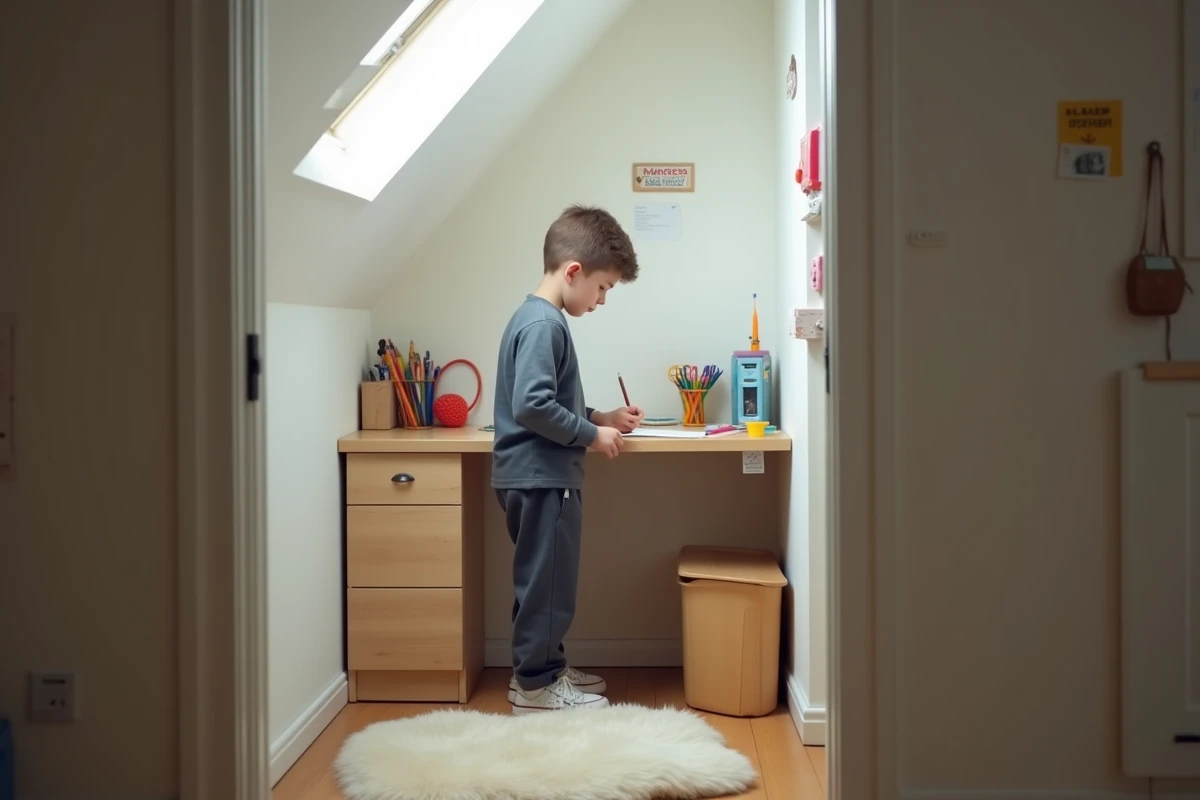 Adolescent organisant des crayons de couleur dans une attic cosy
