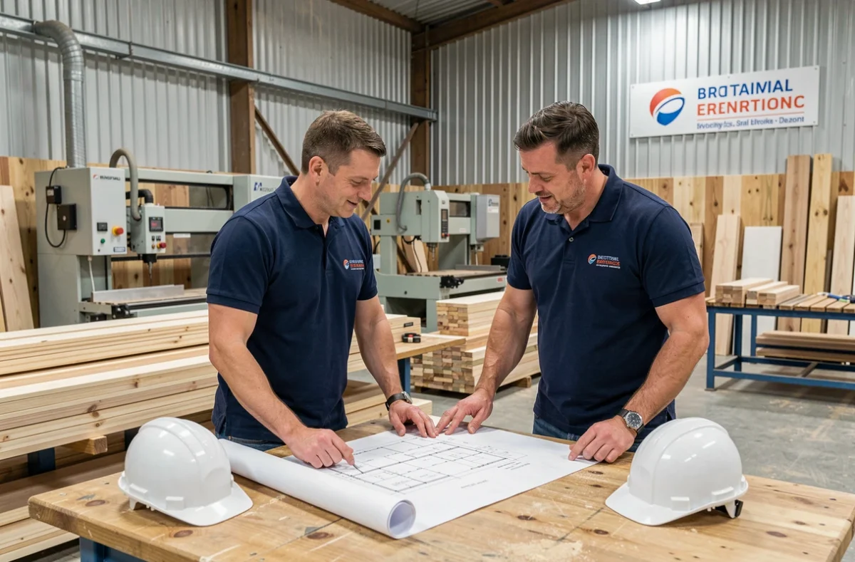 Deux artisans de AFC Menuiserie étudiant des plans dans leur atelier de menuiserie en Bretagne
