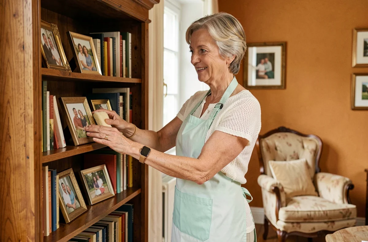 Assistante ménagère Andrelina époussetant une bibliothèque dans un intérieur chaleureux