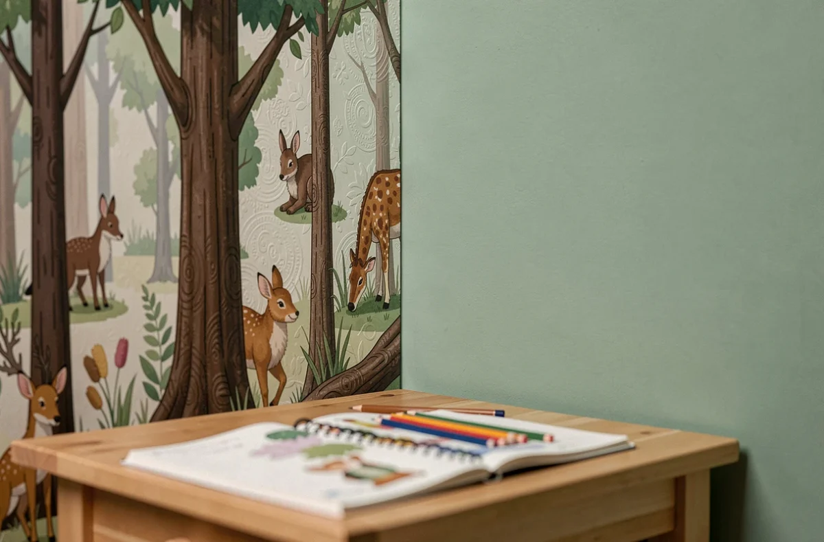 Angle de chambre garçon avec papier peint forêt illustré rejoignant une peinture vert sauge, jonction nette entre les deux revêtements muraux, bureau en bois avec carnet de croquis
