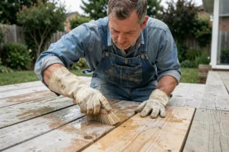 Artisan appliquant de l'acide oxalique sur une terrasse en bois vieillie pour une rénovation uniforme