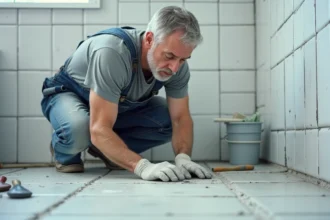 Carreleur appliquant un joint époxy sur des joints existants dans une salle de bain avec carreau blanc