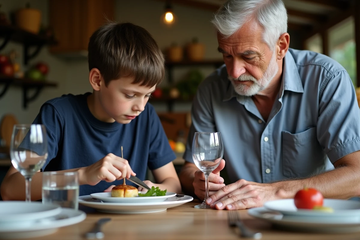 Grand-père apprenant à son petit-fils adolescent comment placer correctement les verres sur une table familiale