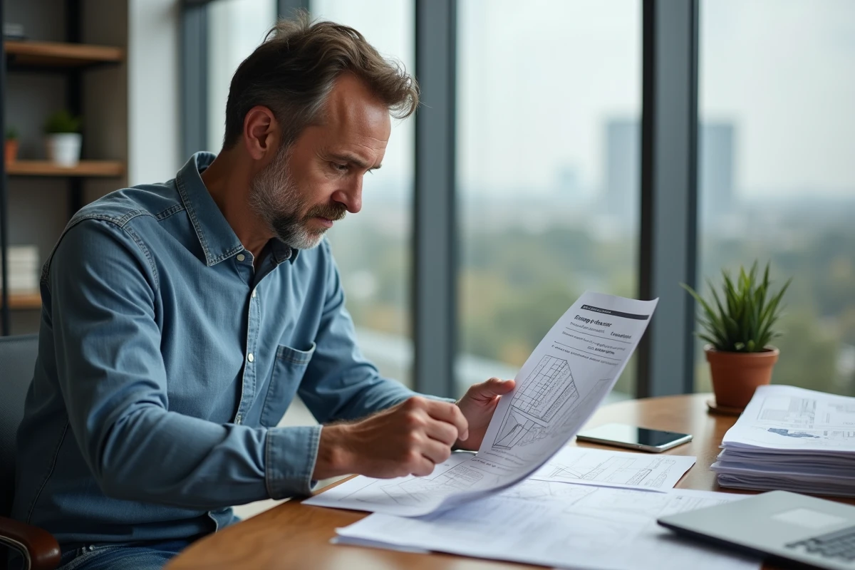Architecte homme examine un certificat énergétique dans un bureau moderne