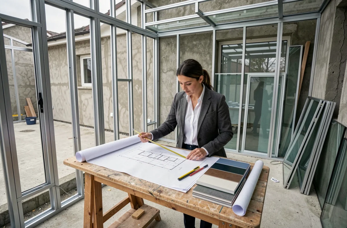 Architecte féminine consultant des plans dans une véranda en cours de construction avec cadre aluminium et matériaux apparents