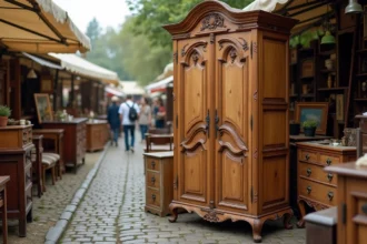 Armoire ancienne en bois patinée exposée dans un marché aux puces en plein air