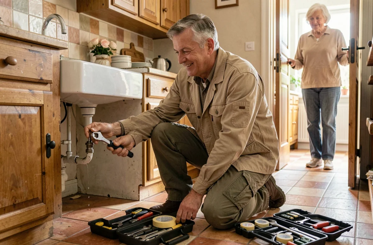 Homme à tout faire réparant une fuite sous l'évier dans la cuisine d'un particulier, service à la personne petits travaux Jura