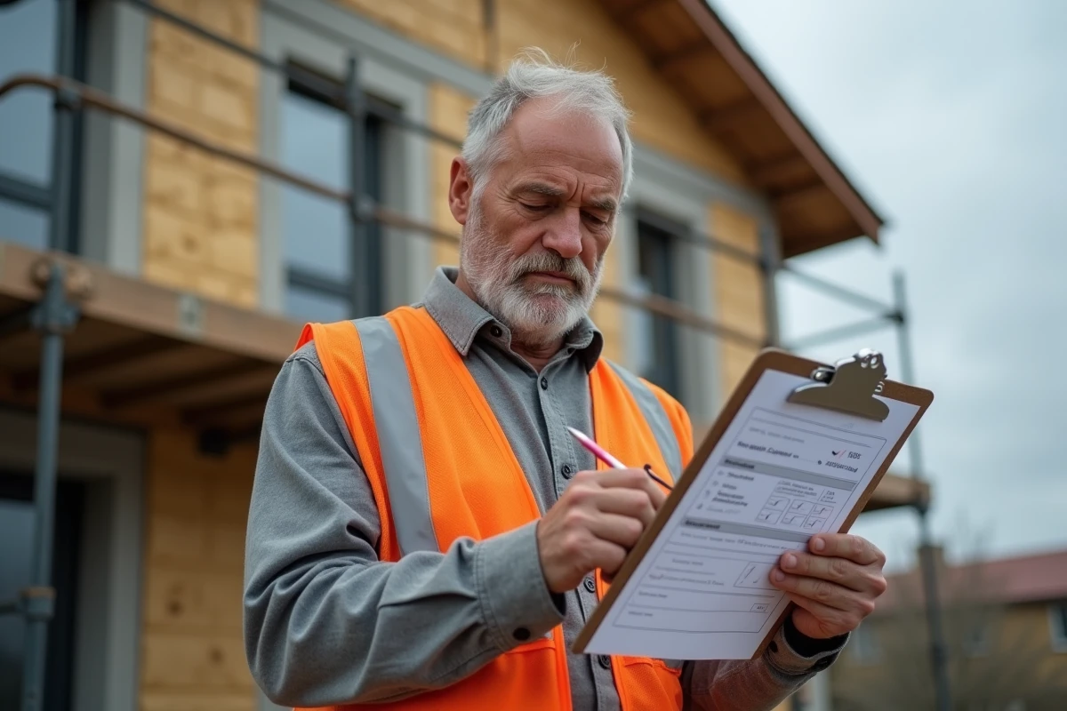 Artisan du bâtiment consultant un calendrier de travaux avec délais et pénalités sur un chantier résidentiel