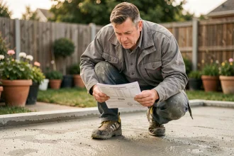 Artisan examinant un devis de terrasse en béton dans un jardin résidentiel