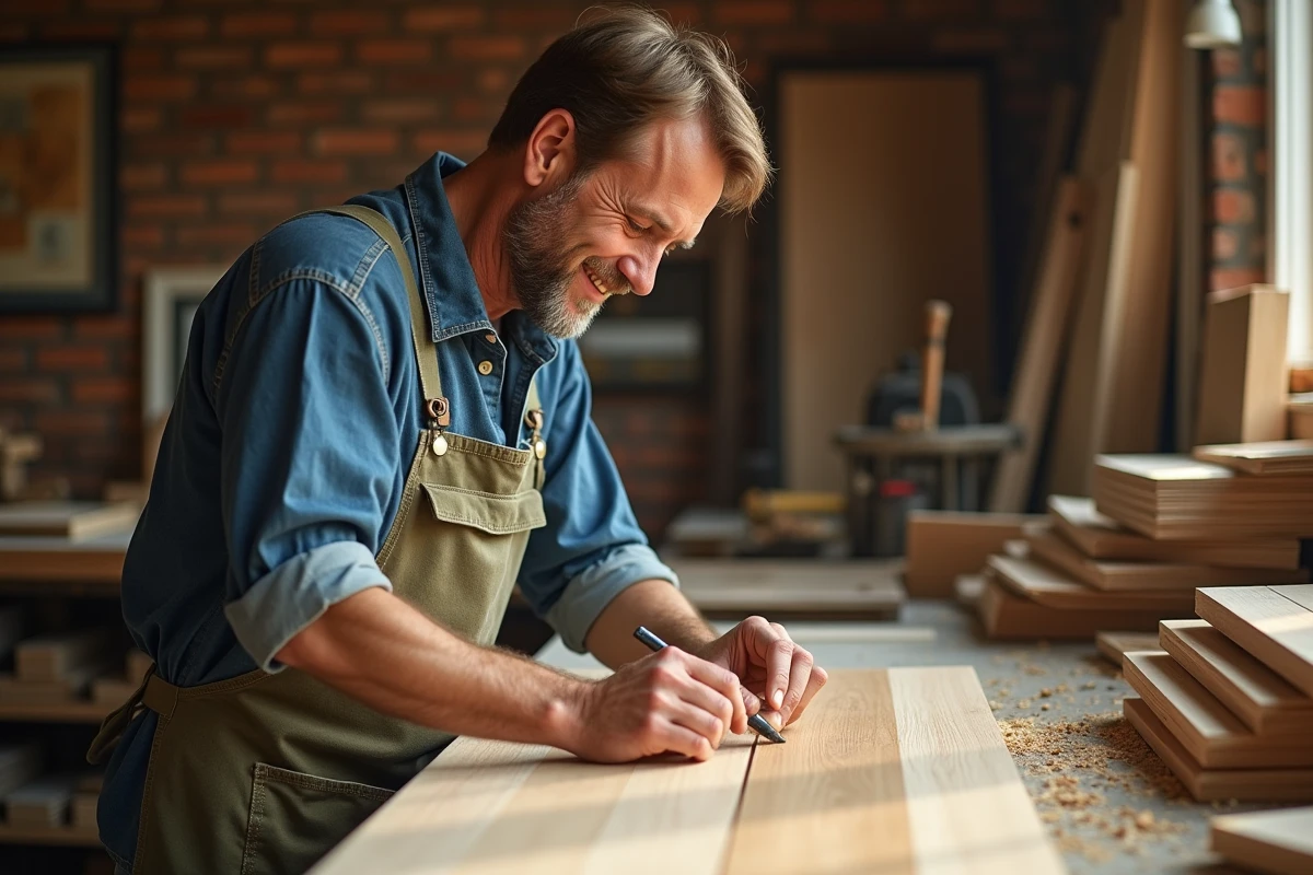 Artisan menuisier appliquant une fine couche de veneer en atelier