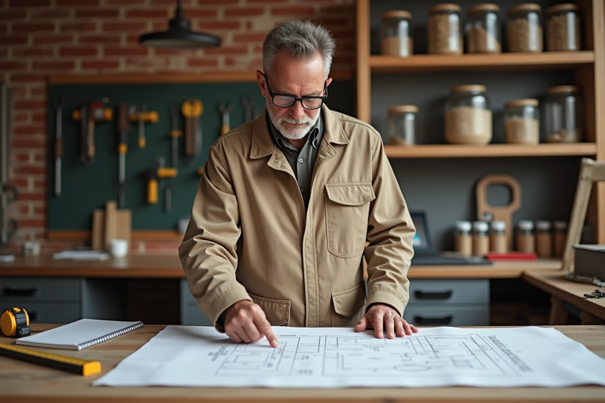 Artisan examinant des plans de travaux sur un établi dans un atelier de menuiserie bien organisé