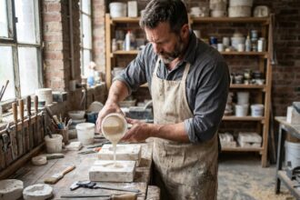 Artisan versant du silicone liquide dans un moule en plâtre dans un atelier traditionnel