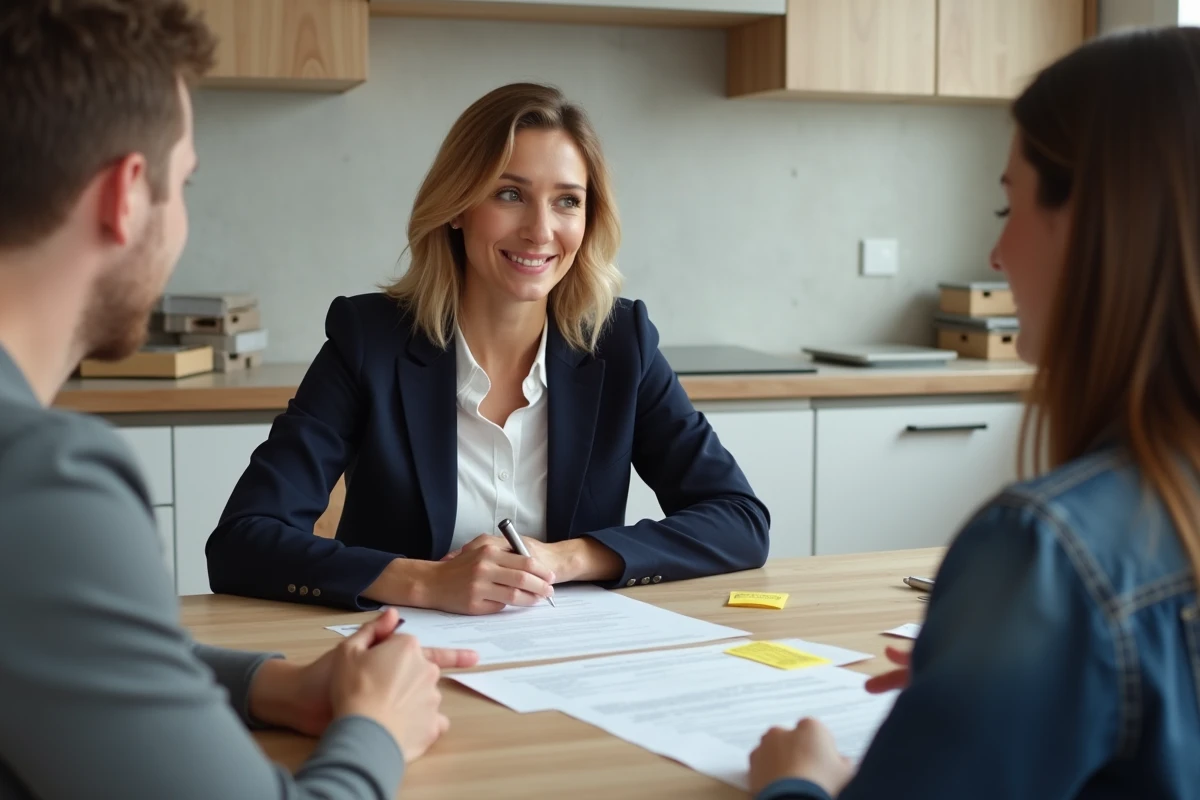 Artisane en réunion avec des clients pour signature d'un contrat de travaux dans une cuisine en rénovation