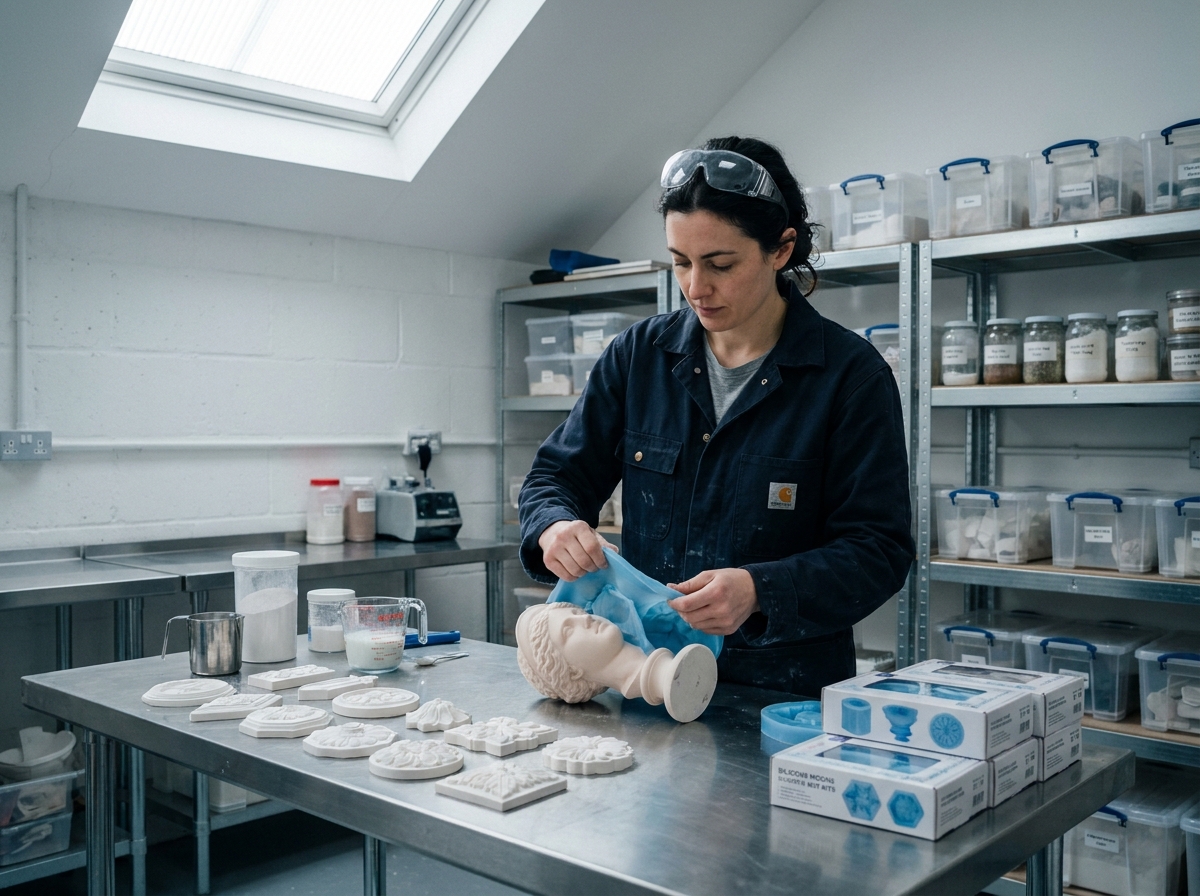 Artisane démoulant une pièce en plâtre d'un moule en silicone flexible dans un atelier moderne