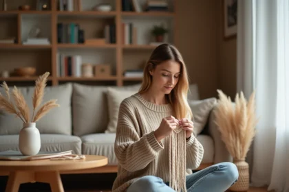 Femme assemblant un macramé DIY dans un salon hygge chaleureux avec décoration scandinave en bois et laine naturelle