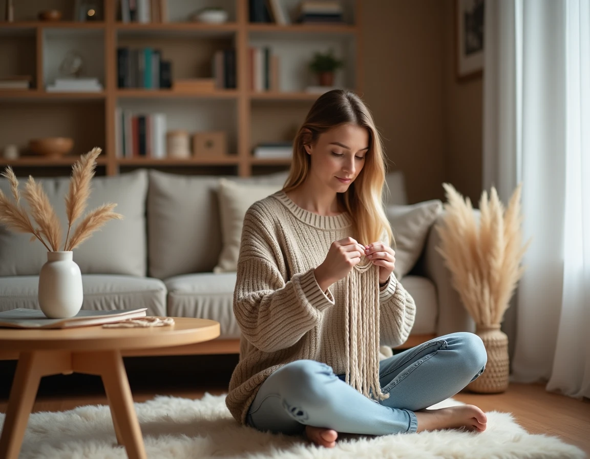 Femme assemblant un macramé DIY dans un salon hygge chaleureux avec décoration scandinave en bois et laine naturelle