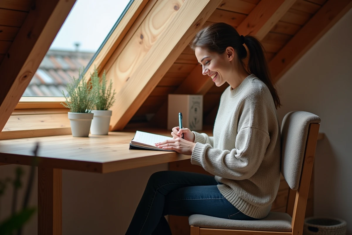 Femme dans un bureau d'attic confortable et lumineux