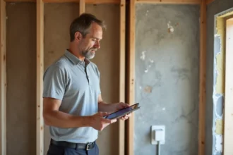 Auditeur énergétique examinant l'isolation d'un mur dans une maison en cours de rénovation avec une tablette numérique