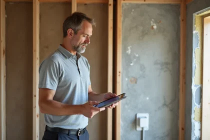 Auditeur énergétique examinant l'isolation d'un mur dans une maison en cours de rénovation avec une tablette numérique