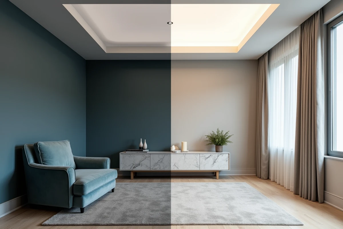 Comparaison avant après transformation d'un salon sombre grâce à l'installation d'un plafond en toile tendue rétroéclairée