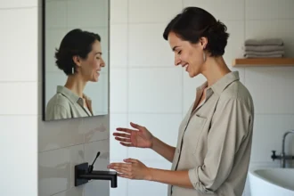 Femme française inspectant un robinet Hudson Reed dans une salle de bain moderne aux carreaux blancs