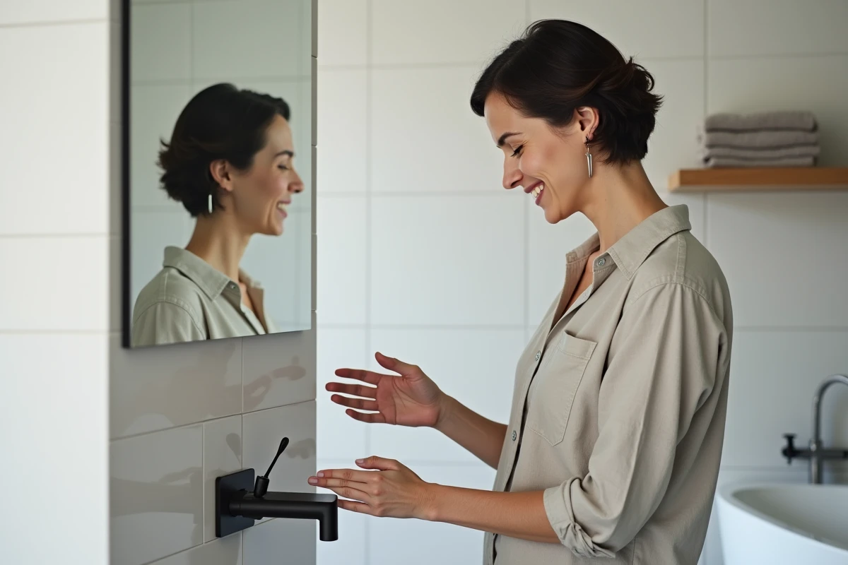 Femme française inspectant un robinet Hudson Reed dans une salle de bain moderne aux carreaux blancs