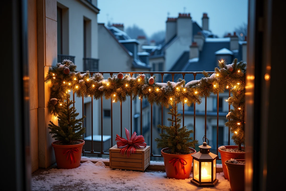 Balcon parisien décoré pour Noël avec guirlandes de sapin, lanternes et lumières féeriques blanches sous la neige