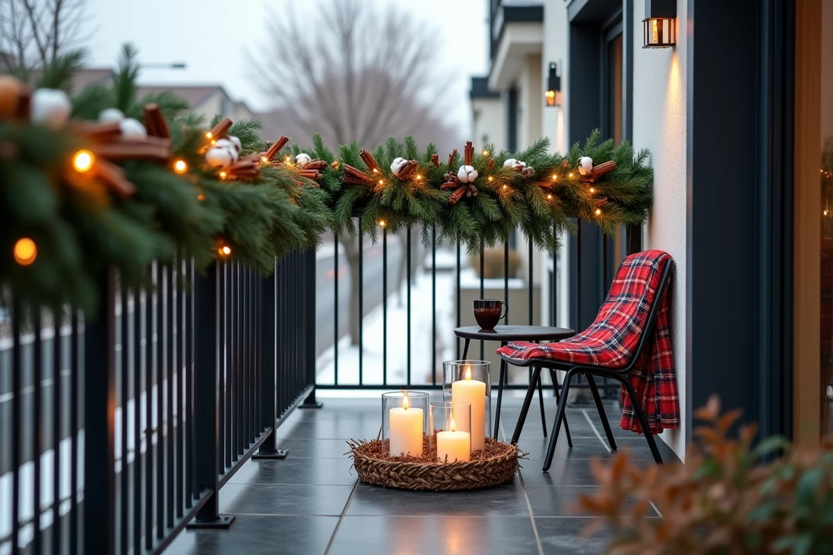 Balcon moderne décoré pour Noël avec couronne de sapin nordique, lanternes en verre et ambiance hygge hivernale