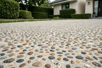 Allée de jardin en béton désactivé avec texture granulaire visible en gros plan, idéale pour estimer le prix au mètre carré