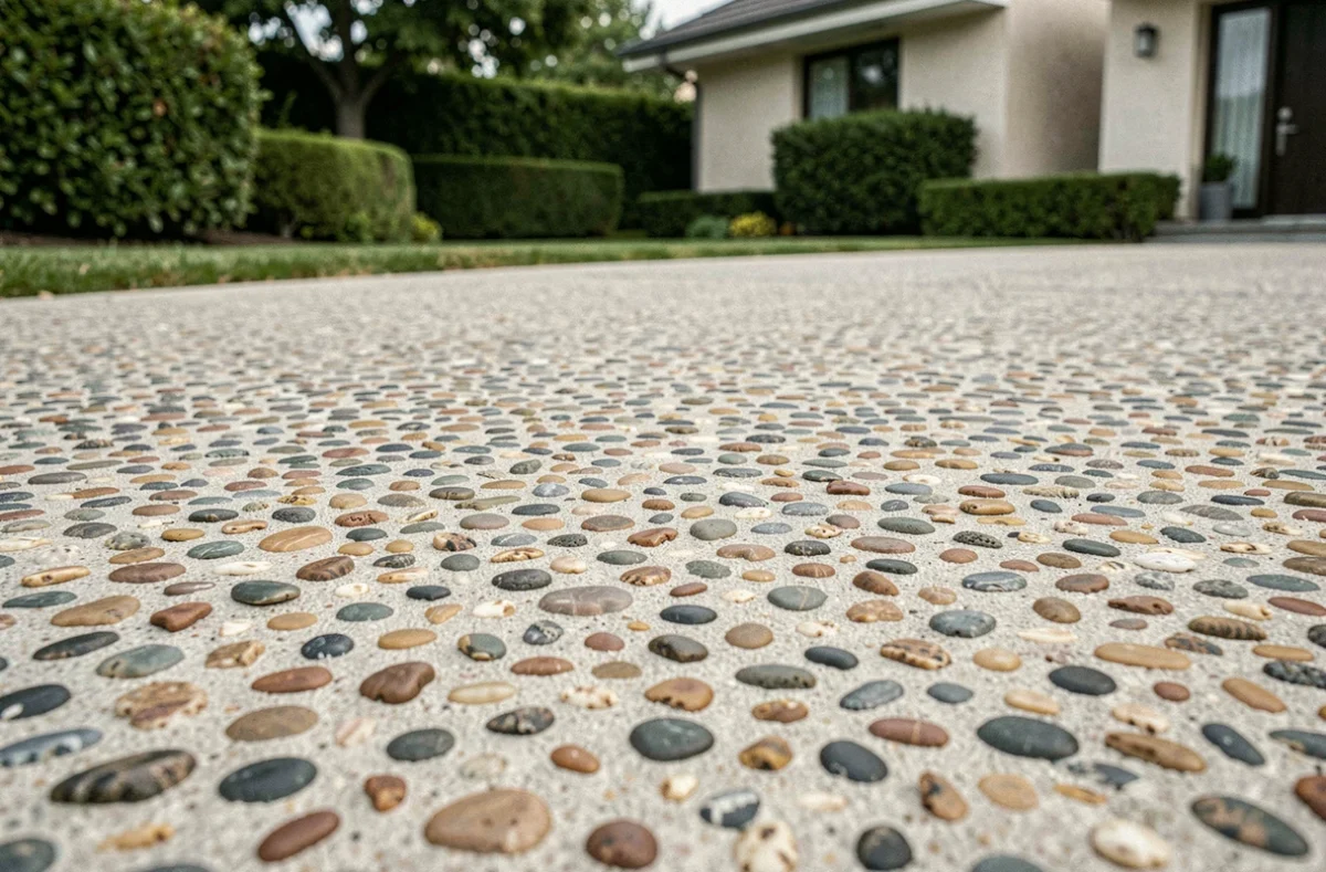 Allée de jardin en béton désactivé avec texture granulaire visible en gros plan, idéale pour estimer le prix au mètre carré