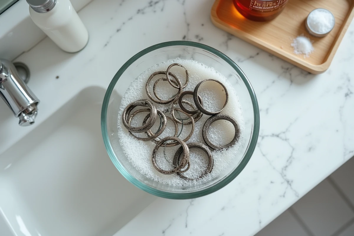 Bijoux en argent noirci plongés dans un bain maison au bicarbonate et papier aluminium pour les nettoyer