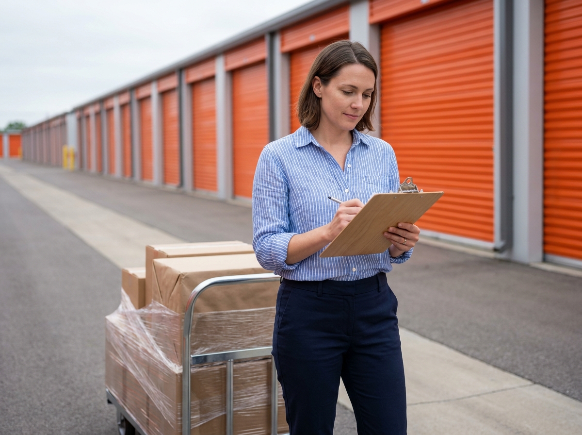 Femme consultant une liste devant des box de stockage lors d'un déménagement pour travaux