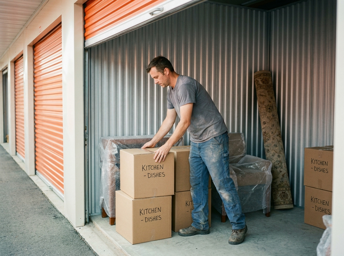 Homme rangeant des cartons dans un box de stockage pendant des travaux de rénovation