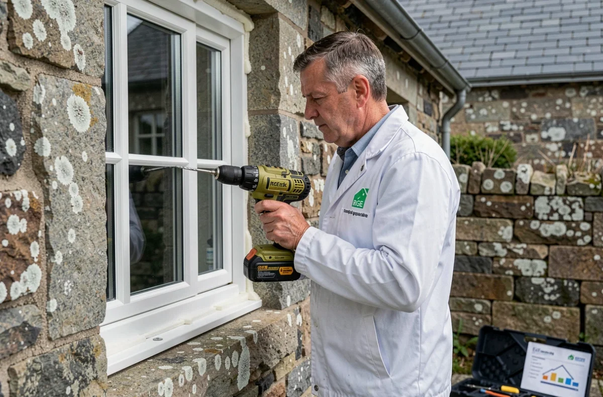 Menuisier RGE de Breizh Eco Menuiserie posant une fenêtre à haute performance énergétique en Finistère