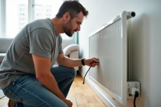 Bricoleur examinant le câble d'un radiateur électrique mural dans un appartement moderne