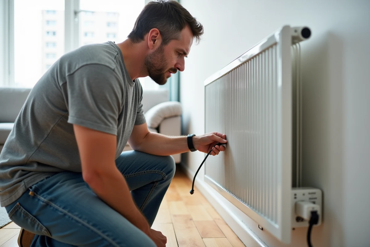 Bricoleur examinant le câble d'un radiateur électrique mural dans un appartement moderne