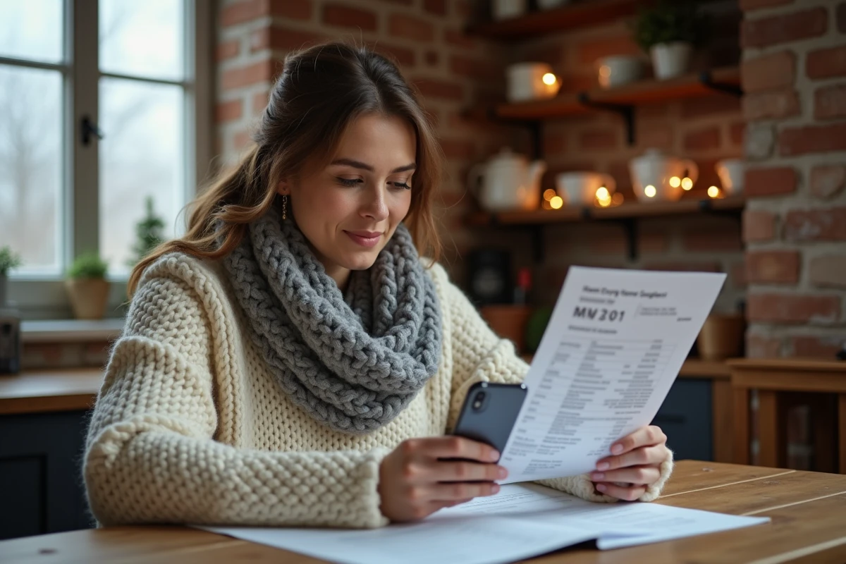 Femme calculant ses économies d'énergie sur les illuminations de Noël extérieures basse consommation