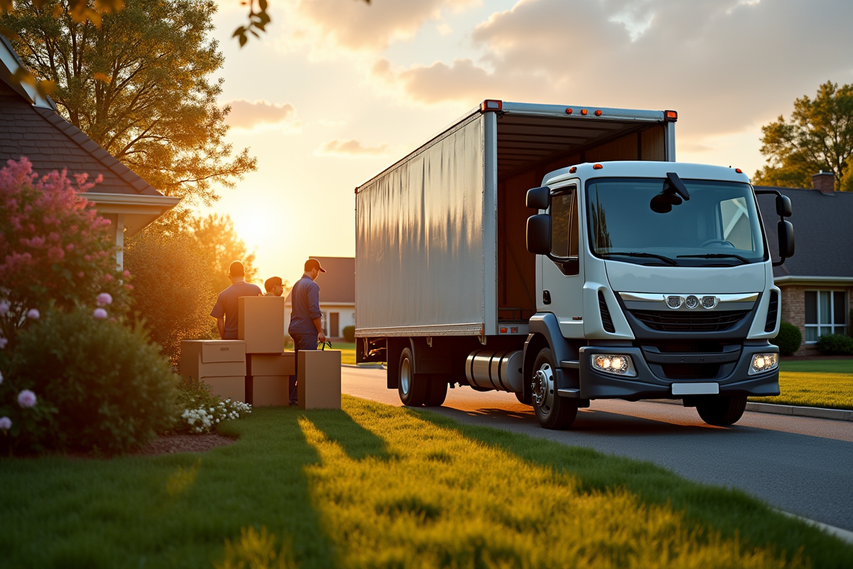 Camion de déménagement garé devant une maison au lever du soleil