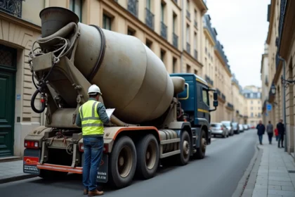 Camion toupie béton en zone urbaine française avec chauffeur consultant un bon de livraison