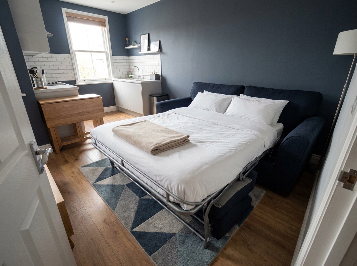 Canapé convertible bleu marine déplié en lit dans un petit appartement ouvert, literie blanche et cuisine visible en arrière-plan