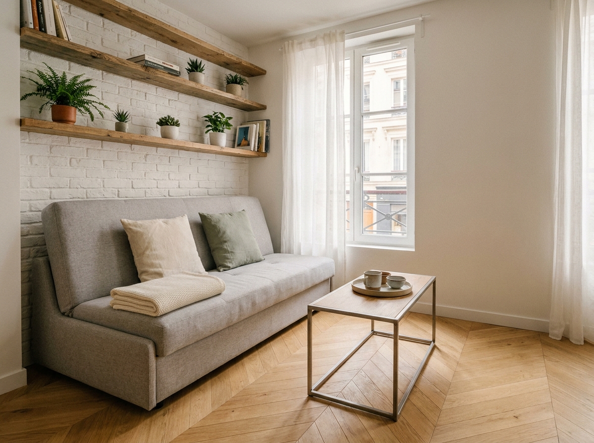 Petit studio parisien bien aménagé avec un canapé convertible gris clair en position fermée, coussins en lin et plancher en chêne