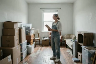 Femme évaluant une chambre froide et désorganisée remplie de cartons avant une rénovation de week-end