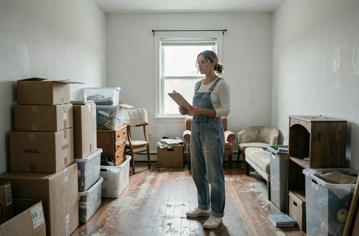 Femme évaluant une chambre froide et désorganisée remplie de cartons avant une rénovation de week-end