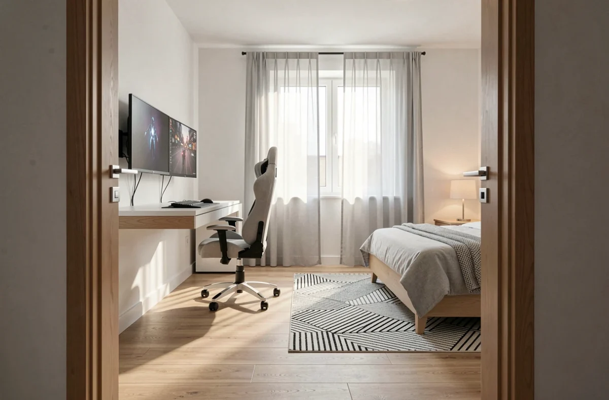 Vue d'ensemble d'une chambre gaming minimaliste avec bureau flottant, double écran et décoration épurée en bois clair et gris