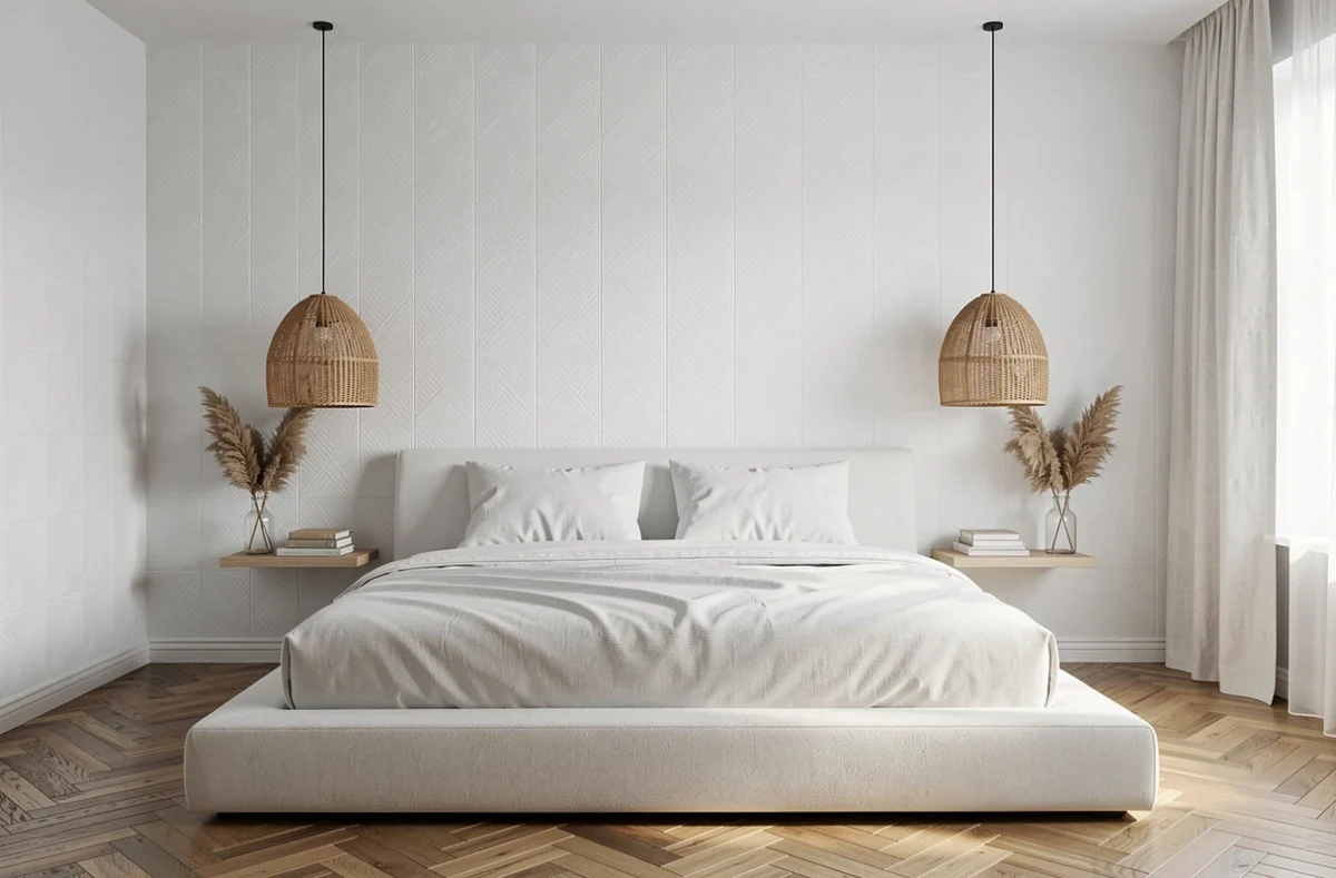 Chambre minimaliste avec papier peint blanc intissé géométrique du sol au plafond, lit plateforme en coton bio et décoration naturelle