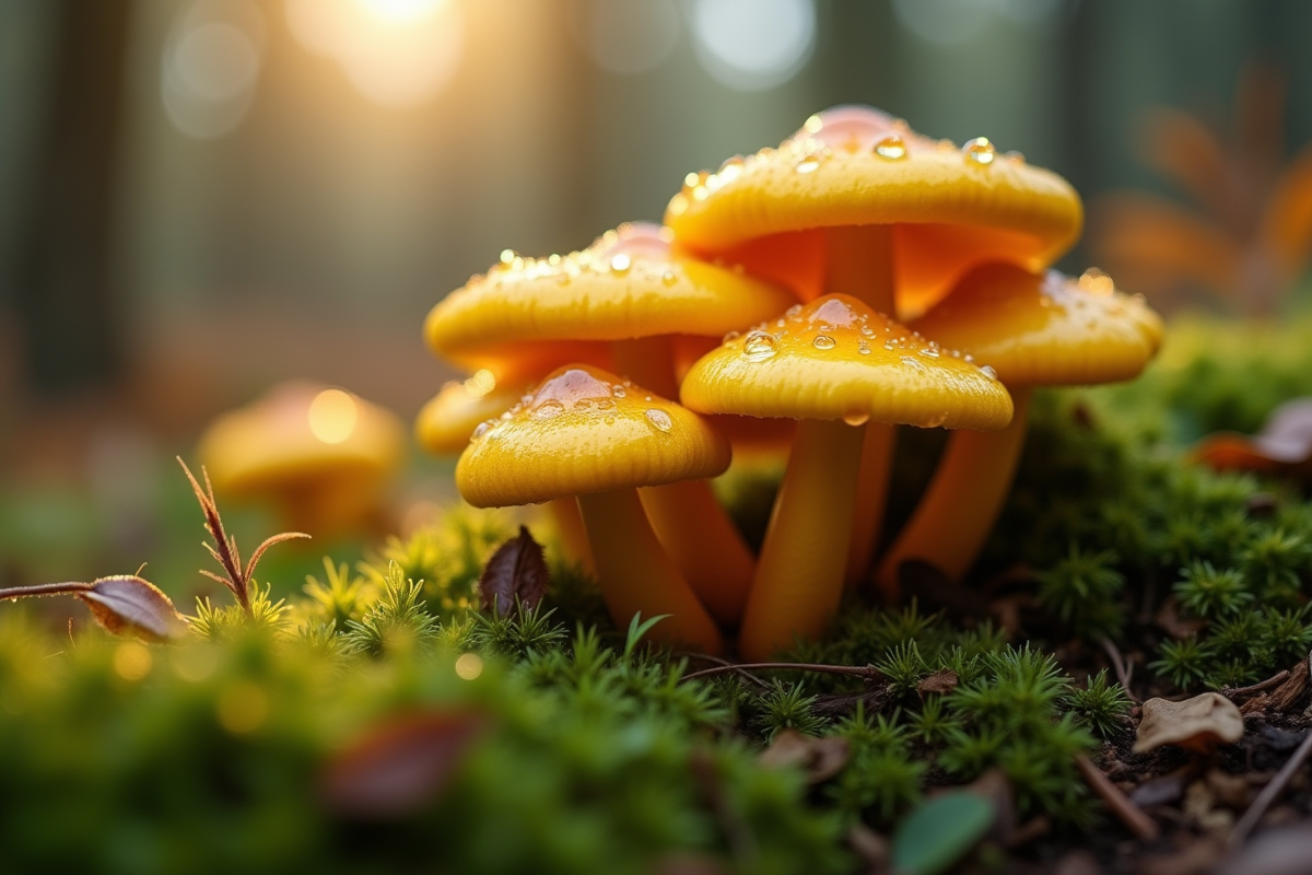 Chanterelles jaunes sur sol de mousse avec gouttes de rosée