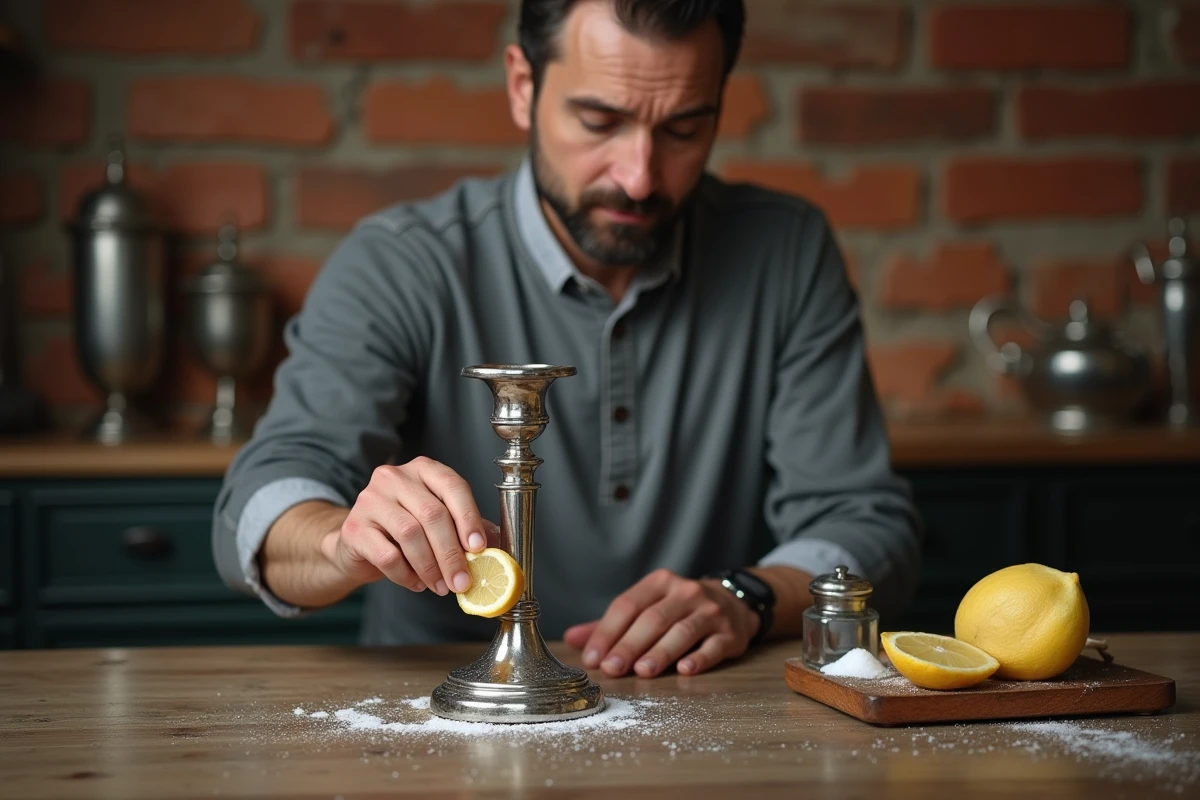 Homme nettoyant un chandelier en argent noirci avec du citron et du sel gros sur une table en bois rustique