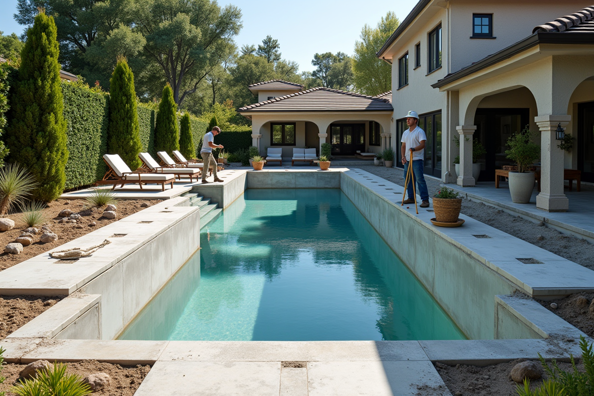 Travailleurs construisant une piscine en béton armé avec ferraillage visible en plein jour