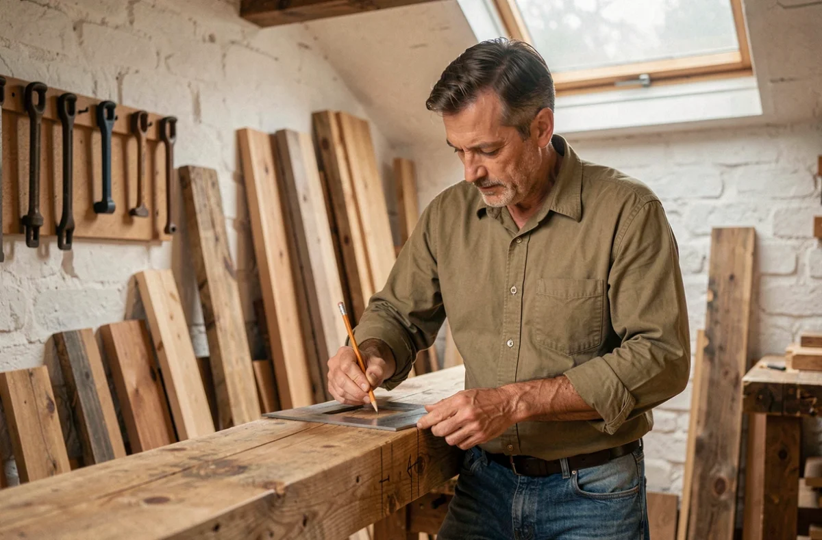 Artisan menuisier Christophe Perrin mesurant une poutre en bois dans son atelier en Ille-et-Vilaine